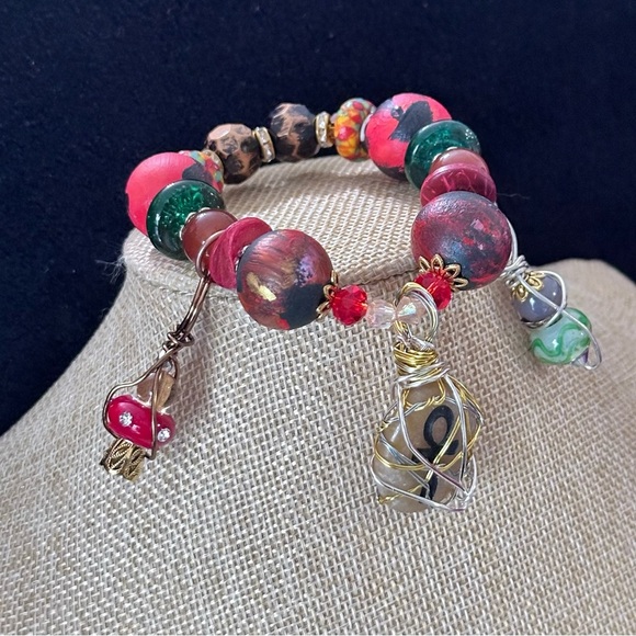 Artisan Multicolor Hand Painted Beads Bracelet with Charms - Picture 1 of 7